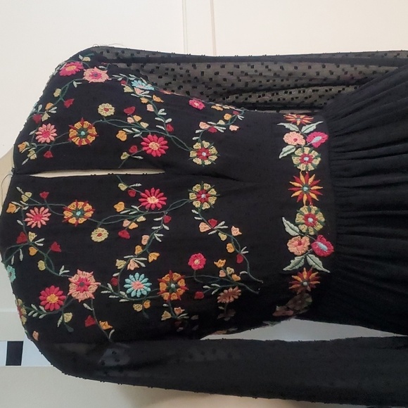 ZARA Floral Embroidered Black Sheer Swiss Dot Long Sleeve Boho Mini Dress S - Picture 6 of 9